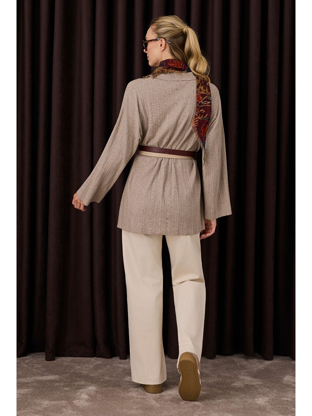 Kahverengi Fitilli Triko Hırka Açık Vizon-3