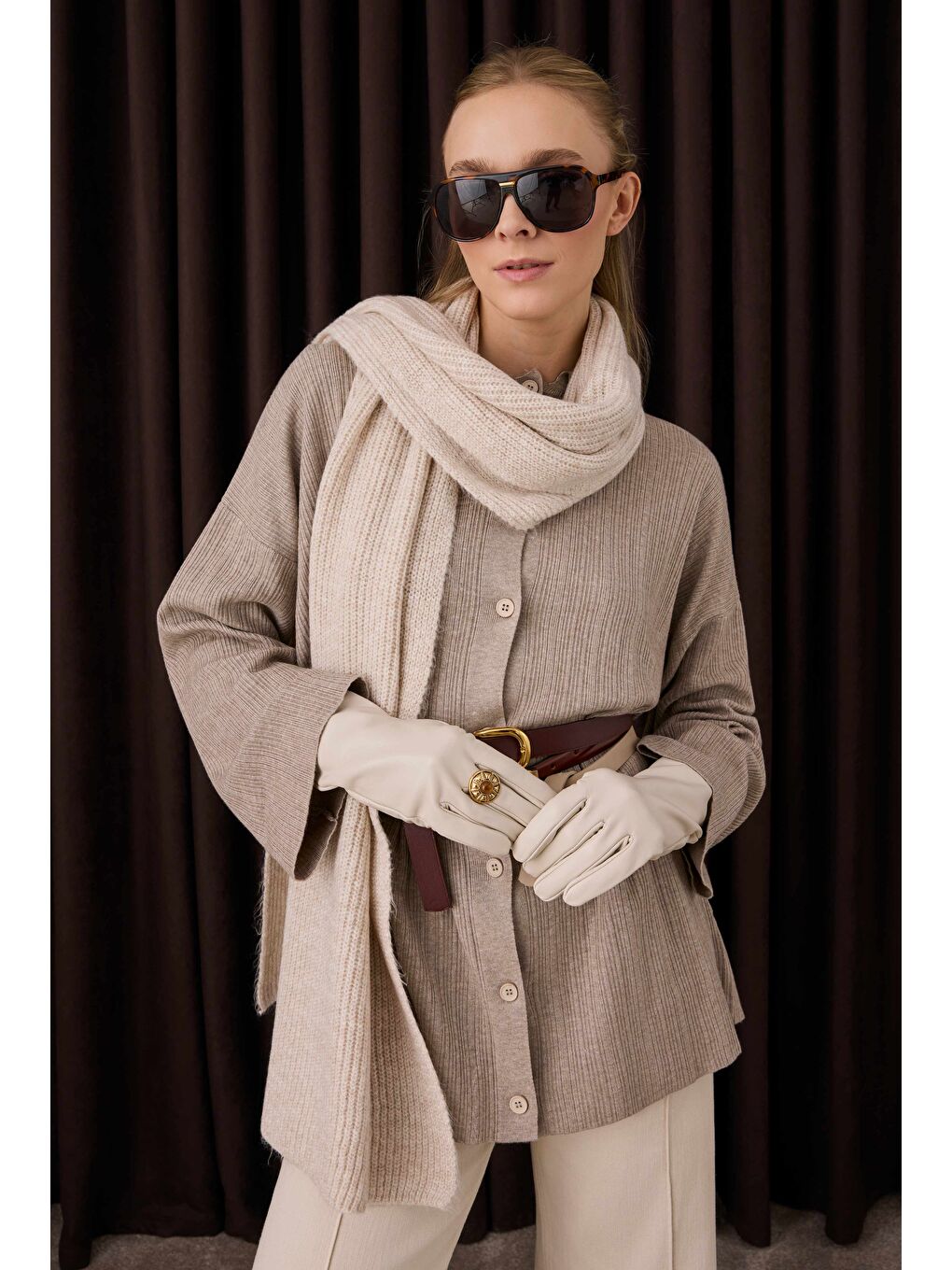 Kahverengi Fitilli Triko Hırka Açık Vizon-4