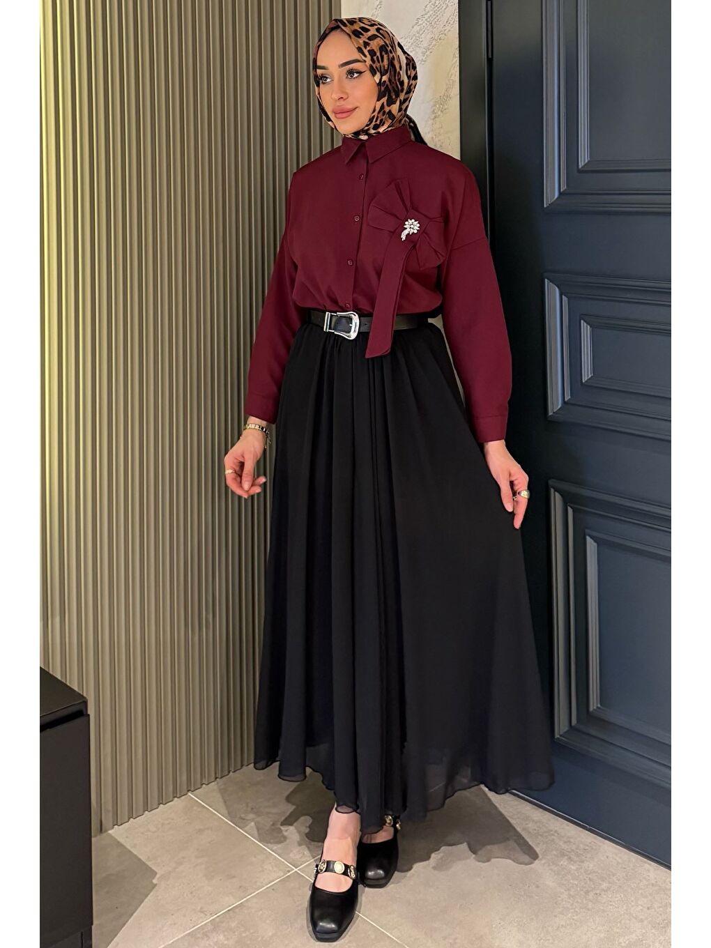 Siyah Kemerli Piliseli Tesettür Şifon Etek-1