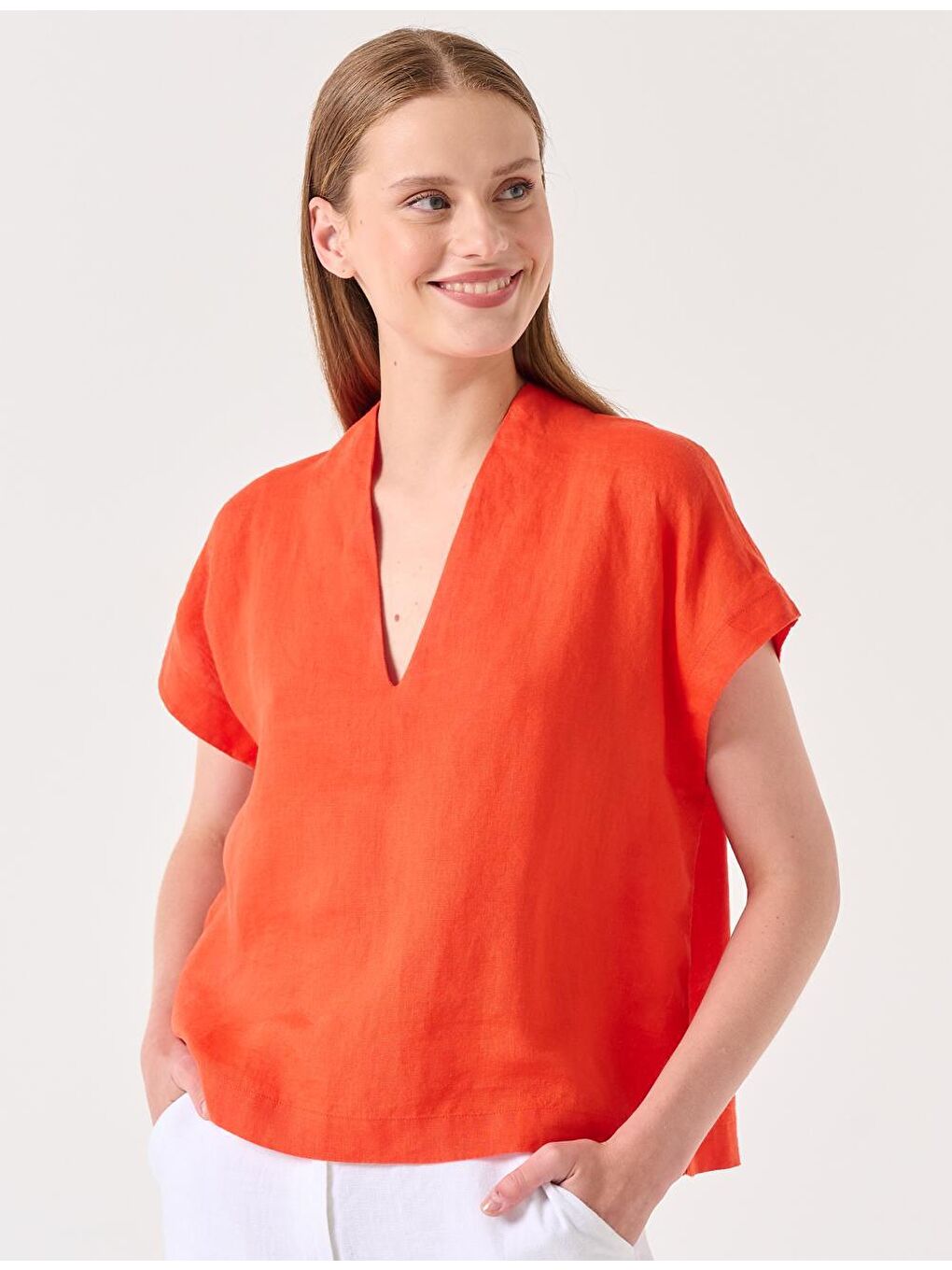 Turuncu Bol Kesim V Yaka Kolsuz Dokuma Keten Bluz