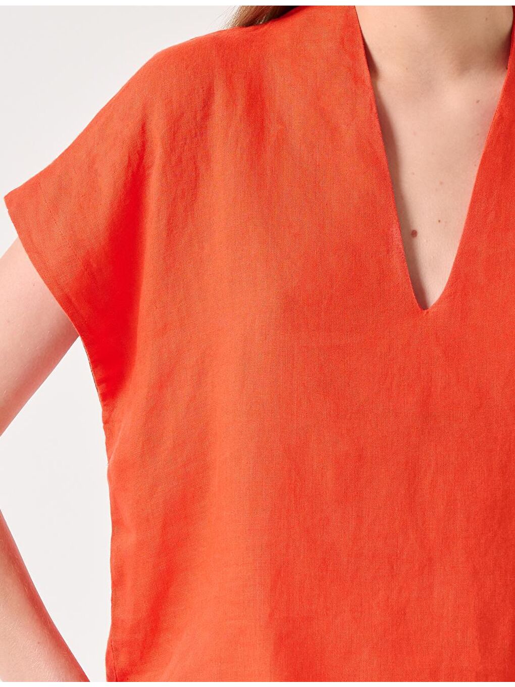 Turuncu Bol Kesim V Yaka Kolsuz Dokuma Keten Bluz-1