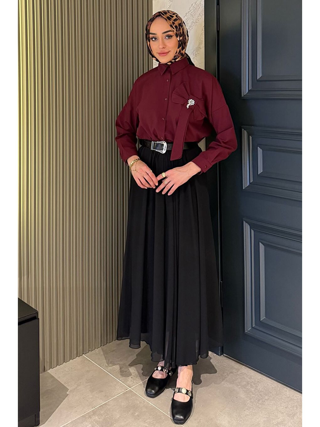 Siyah Kemerli Piliseli Tesettür Şifon Etek-3