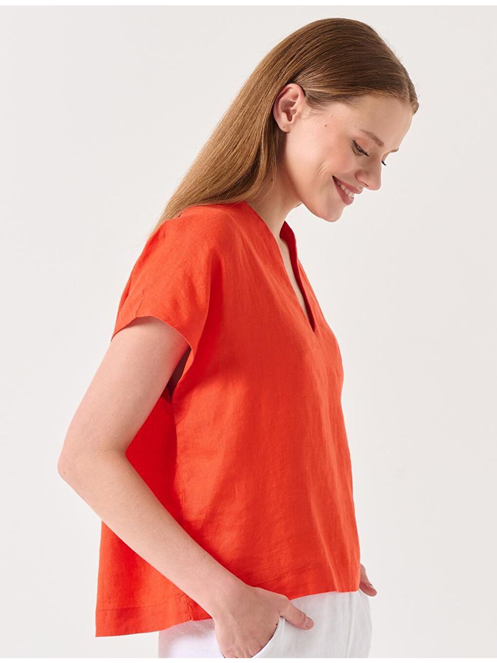 Turuncu Bol Kesim V Yaka Kolsuz Dokuma Keten Bluz-2