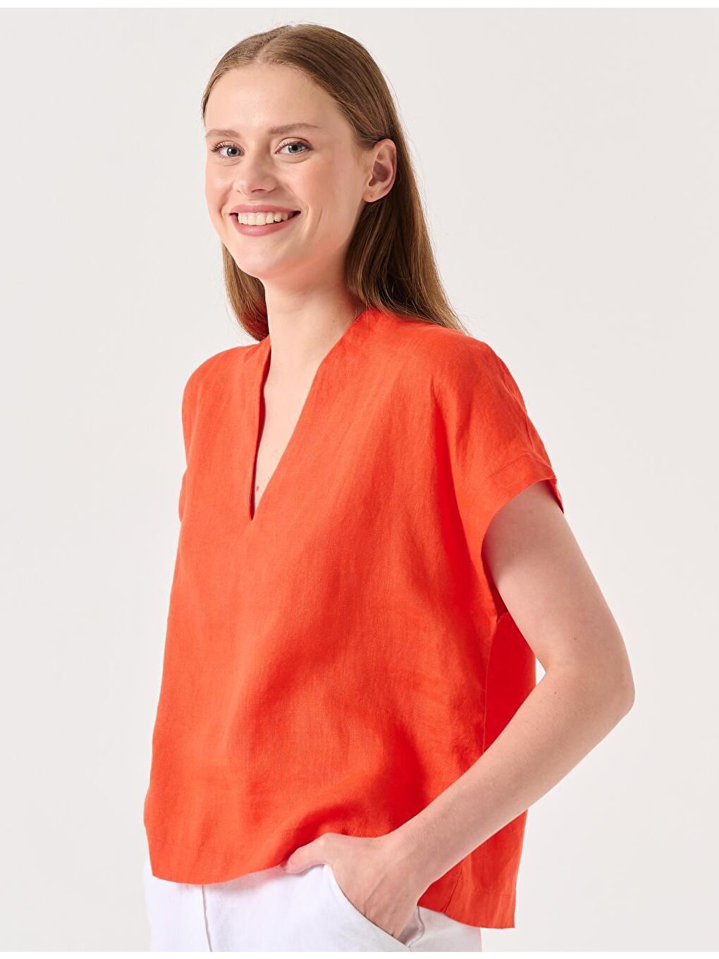 Turuncu Bol Kesim V Yaka Kolsuz Dokuma Keten Bluz-3