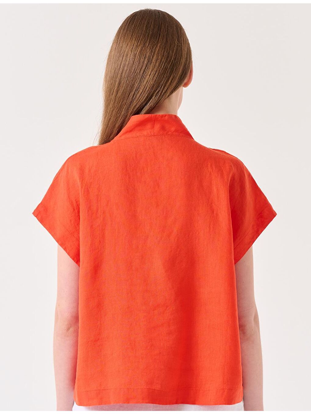 Turuncu Bol Kesim V Yaka Kolsuz Dokuma Keten Bluz-4