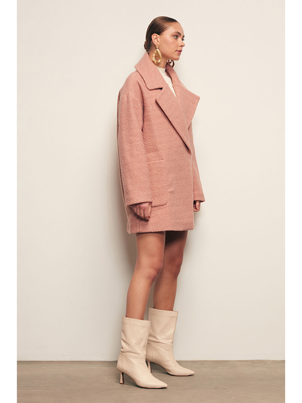 Pembe Geniş Cepli Buklet Kaban - Pudra-3