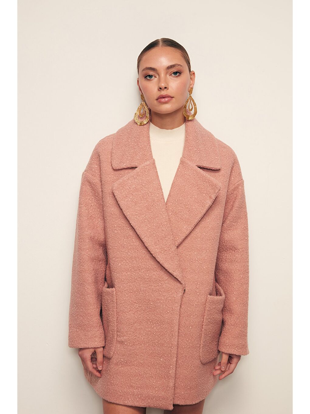 Pembe Geniş Cepli Buklet Kaban - Pudra-5