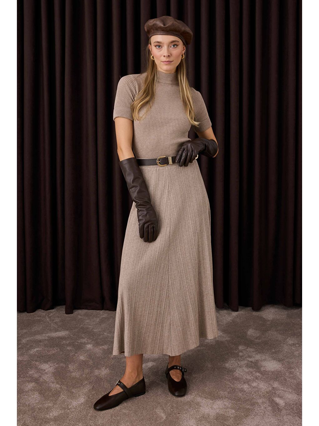 Kahverengi Fitilli Triko Etek Açık Vizon-1