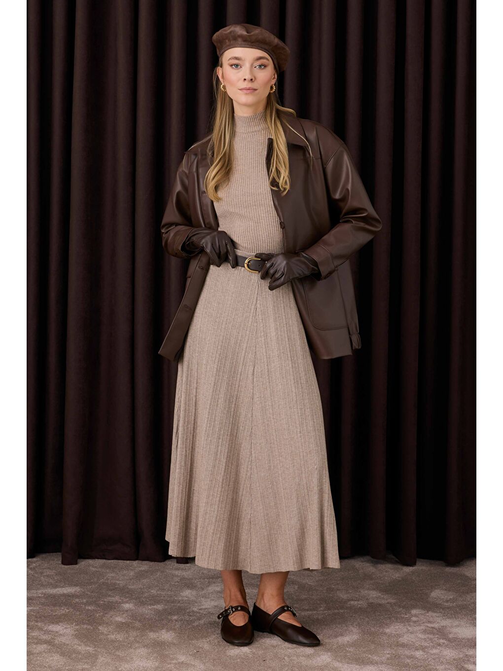 Kahverengi Fitilli Triko Etek Açık Vizon-2