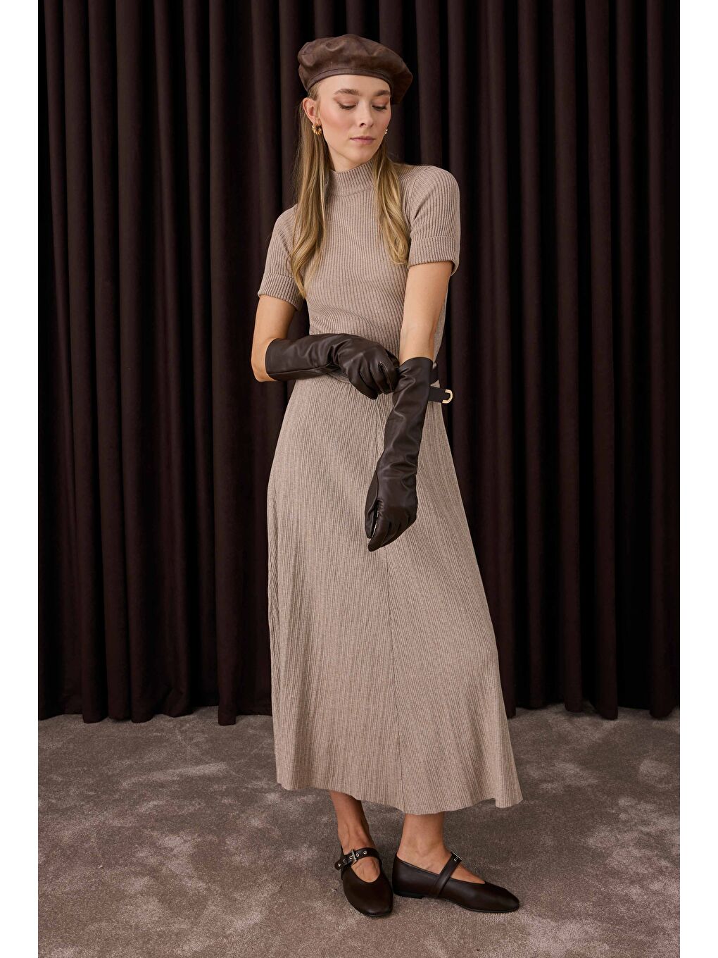 Kahverengi Fitilli Triko Etek Açık Vizon-3