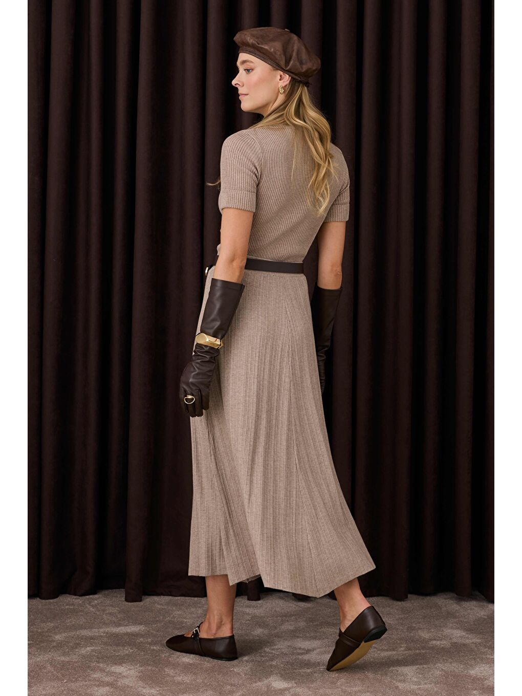 Kahverengi Fitilli Triko Etek Açık Vizon-4