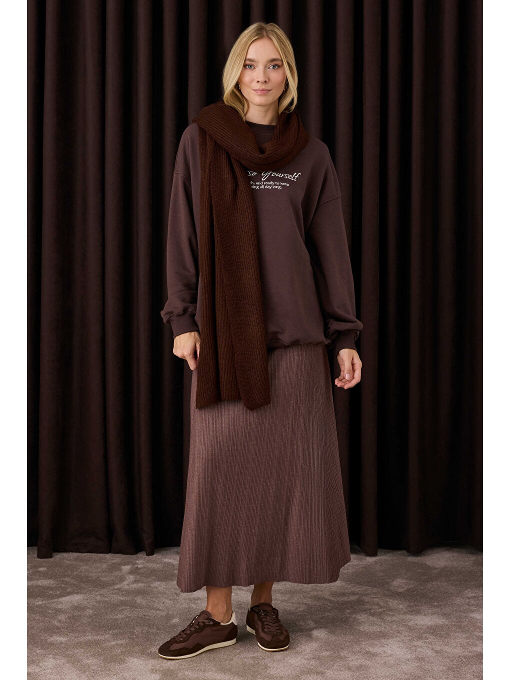 Kahverengi Fitilli Triko Etek Kahve