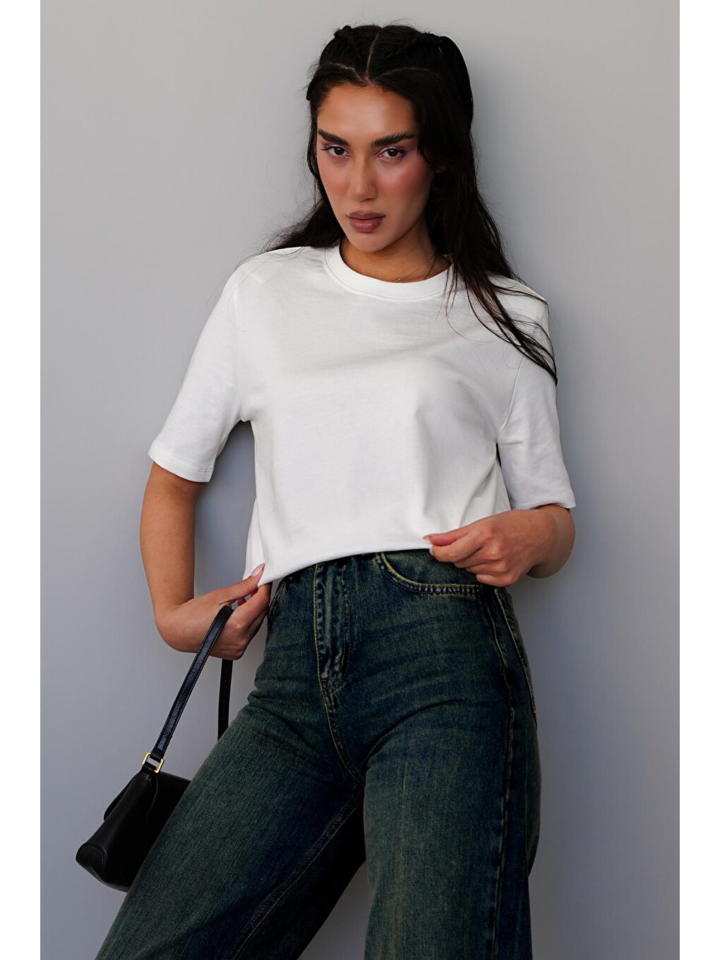 Beyaz %100 Pamuk Vatkalı Oversize Kadın T-shirt Mg2442-5