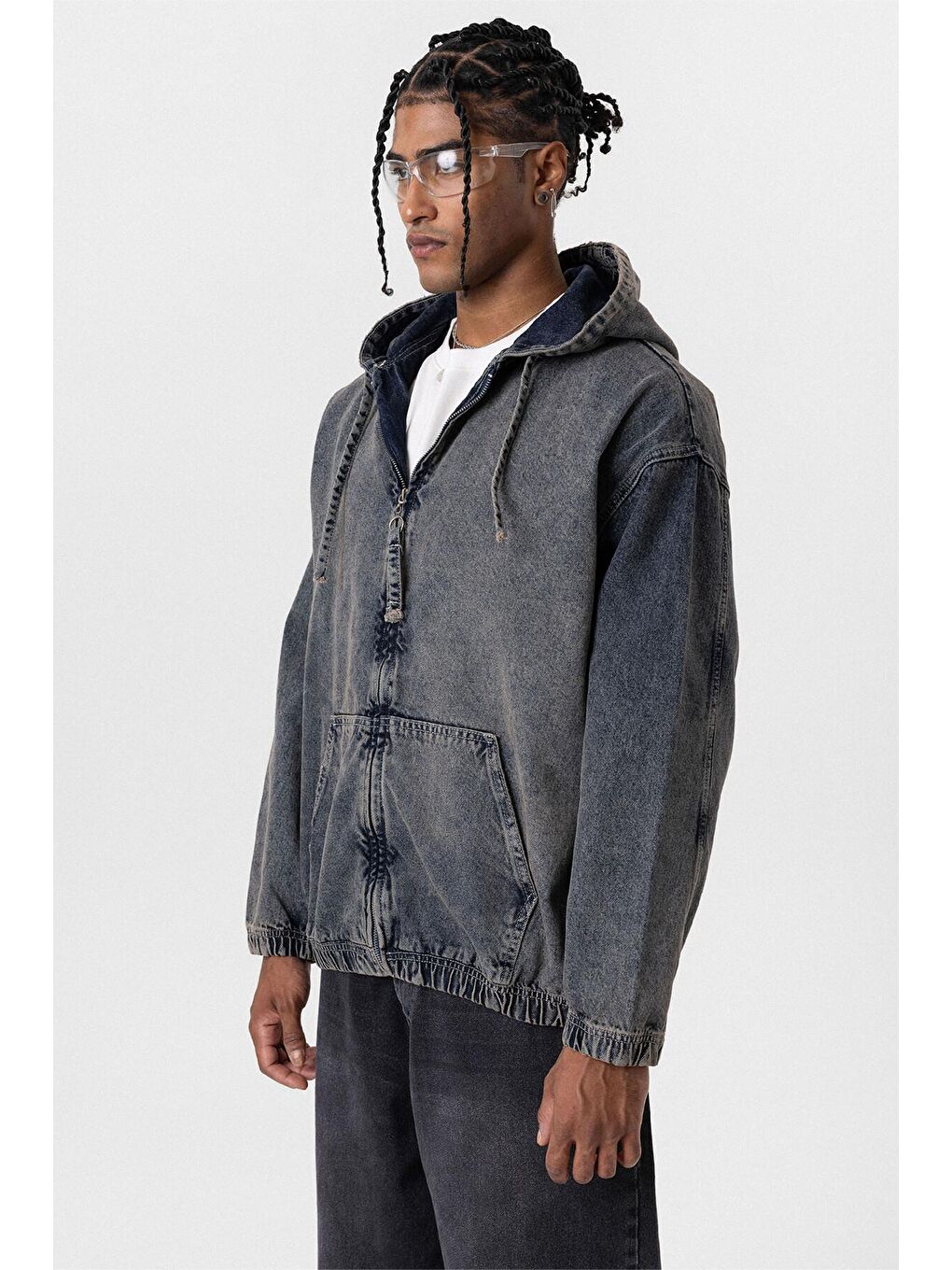 Fermuarlı Kapüşonlu Oversıze Denim Ceket Koyu Mavi-3