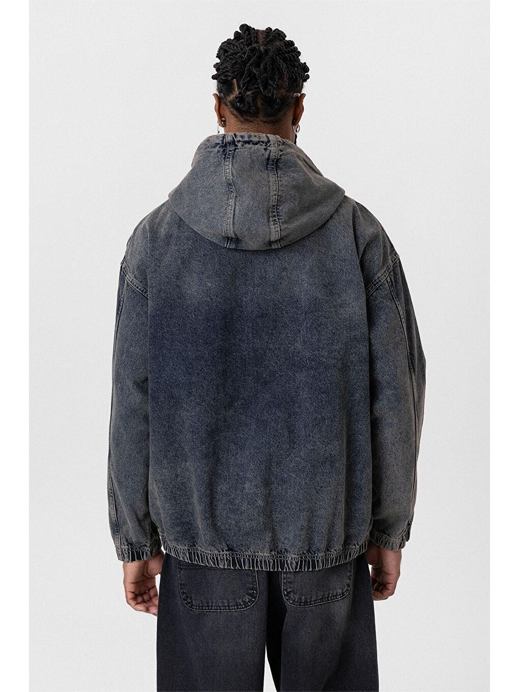 Fermuarlı Kapüşonlu Oversıze Denim Ceket Koyu Mavi-4