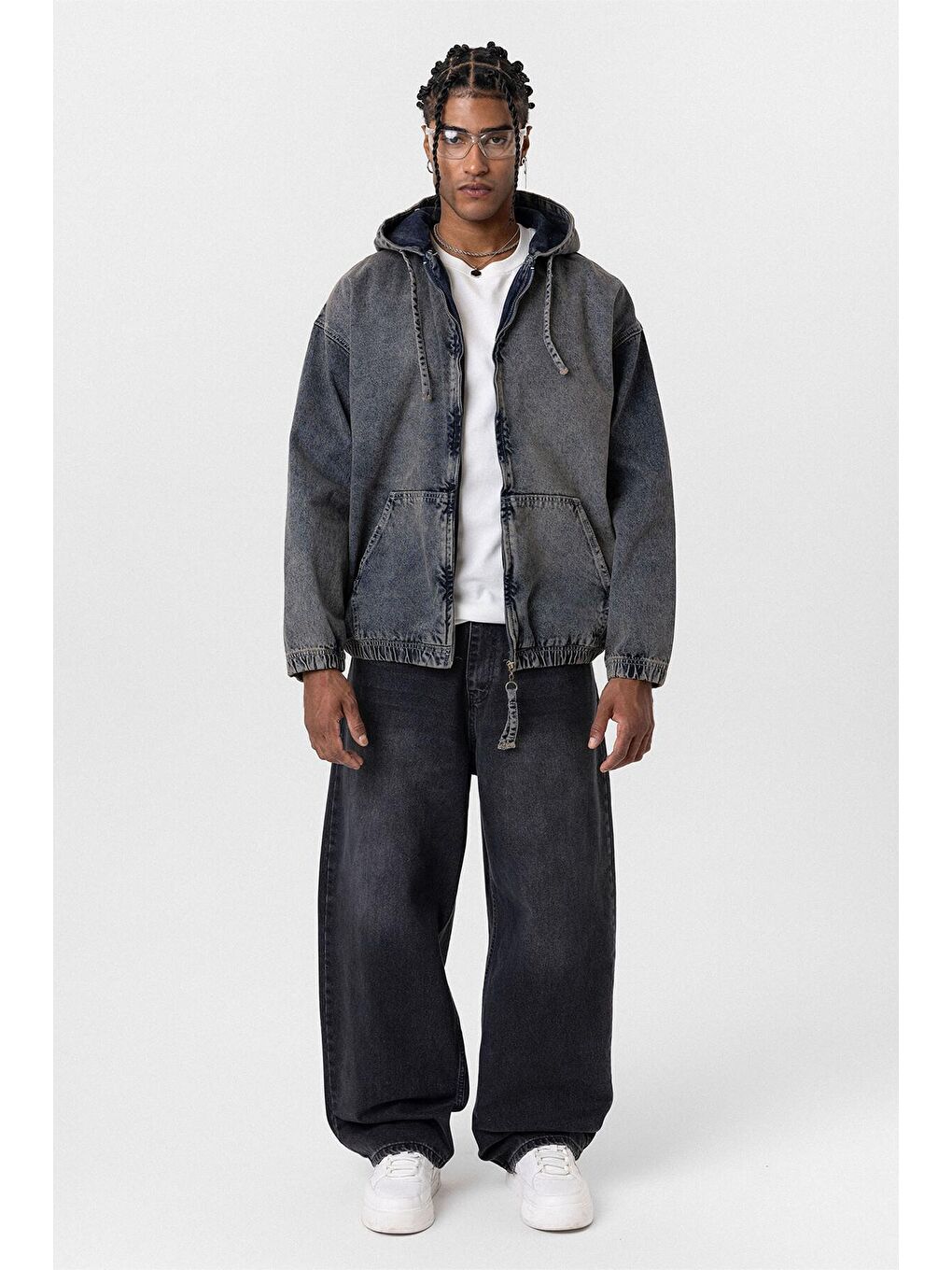 Fermuarlı Kapüşonlu Oversıze Denim Ceket Koyu Mavi-5