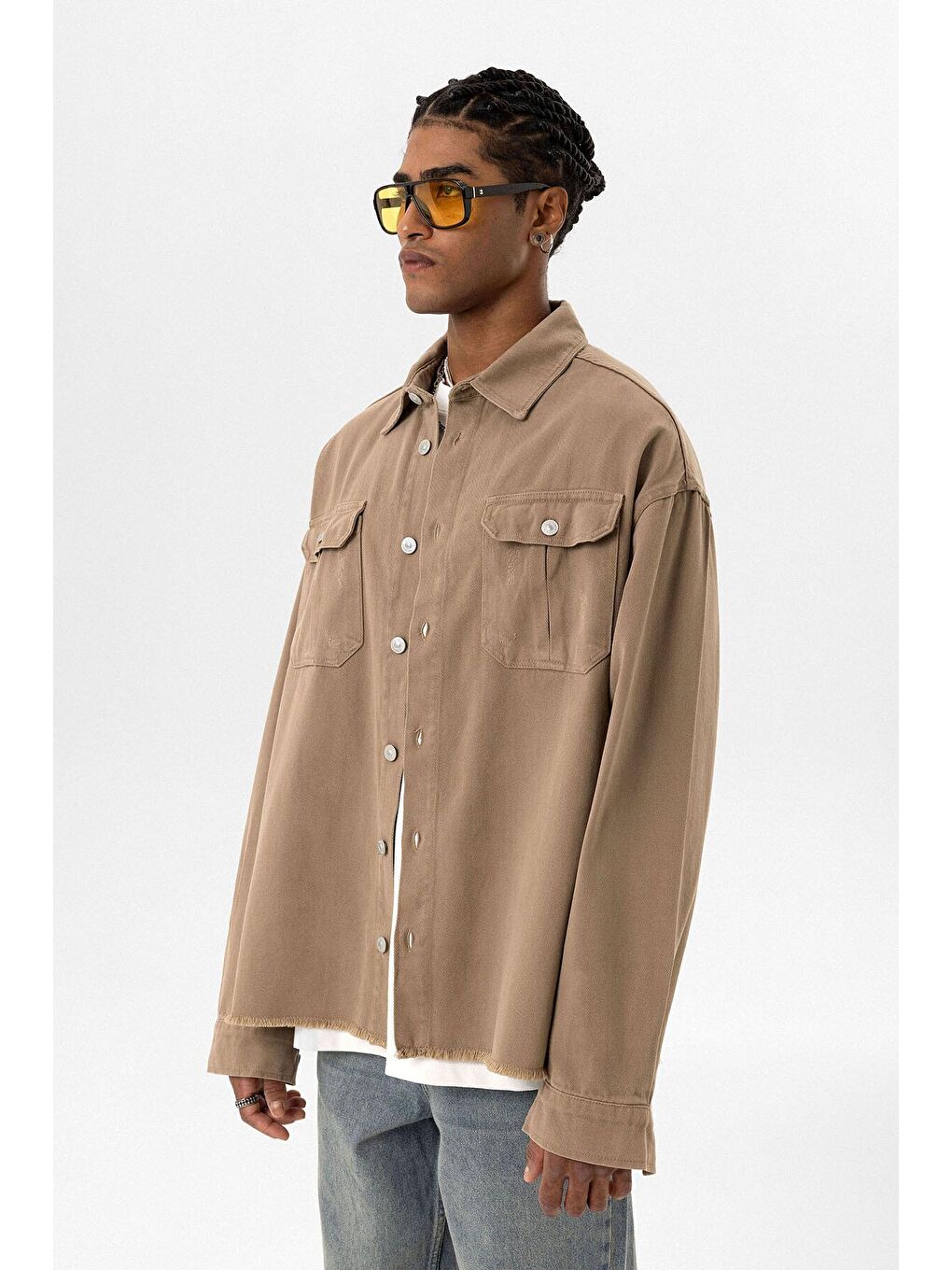 Bej Çift Cep Ve Yırtık Detaylı Oversıze Denım Ceket Vizon-3