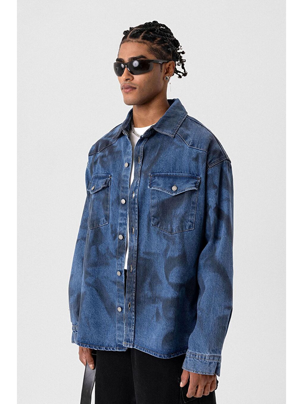 Yıkamalı Oversıze Denım Ceket Koyu Mavi-3