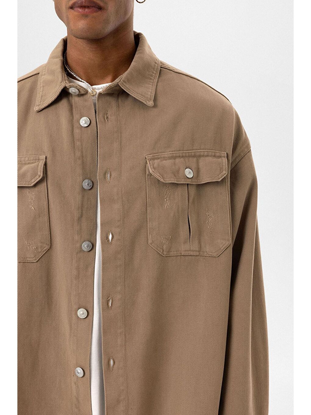 Bej Çift Cep Ve Yırtık Detaylı Oversıze Denım Ceket Vizon-4