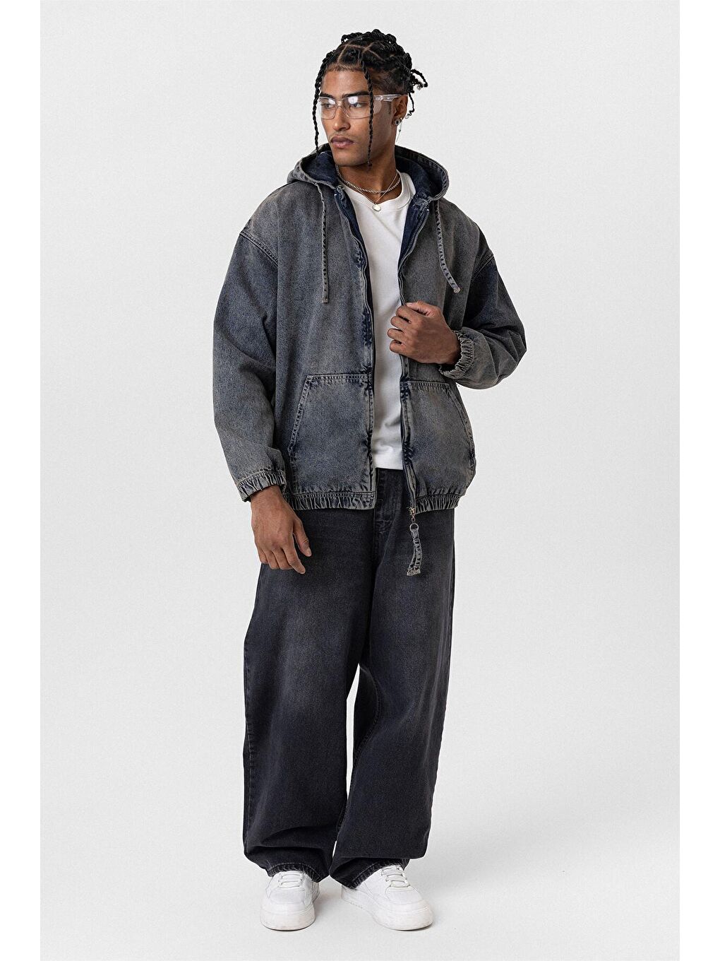 Fermuarlı Kapüşonlu Oversıze Denim Ceket Koyu Mavi-7