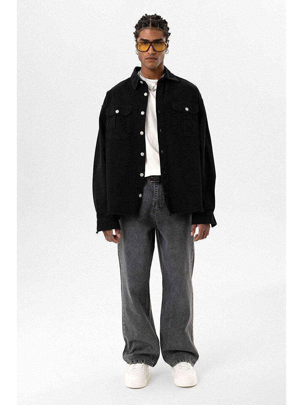 Çift Cep Ve Yırtık Detaylı Oversıze Denım Ceket Siyah
