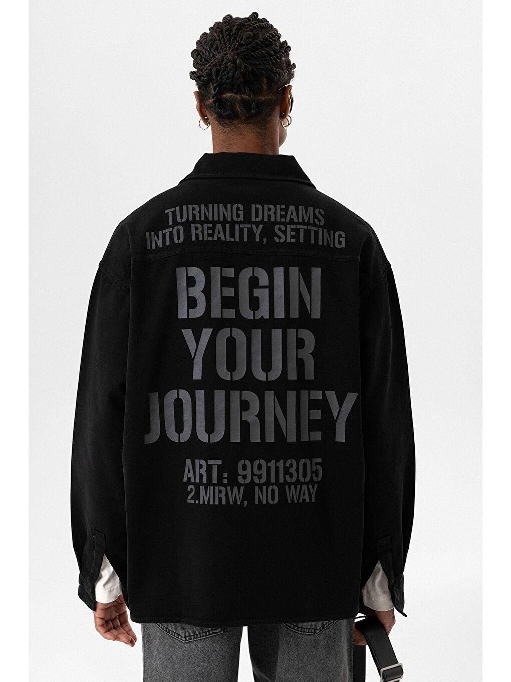 Çift Cep Detaylı Arka Baskılı Oversıze Denım Ceket Siyah-2