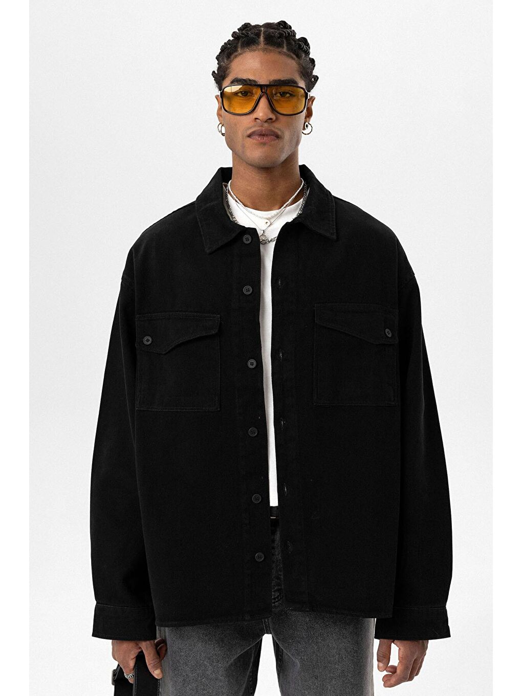 Çift Cep Detaylı Arka Baskılı Oversıze Denım Ceket Siyah-3