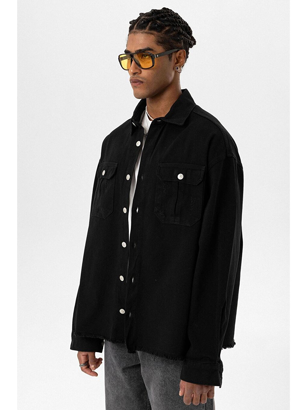 Çift Cep Ve Yırtık Detaylı Oversıze Denım Ceket Siyah-3