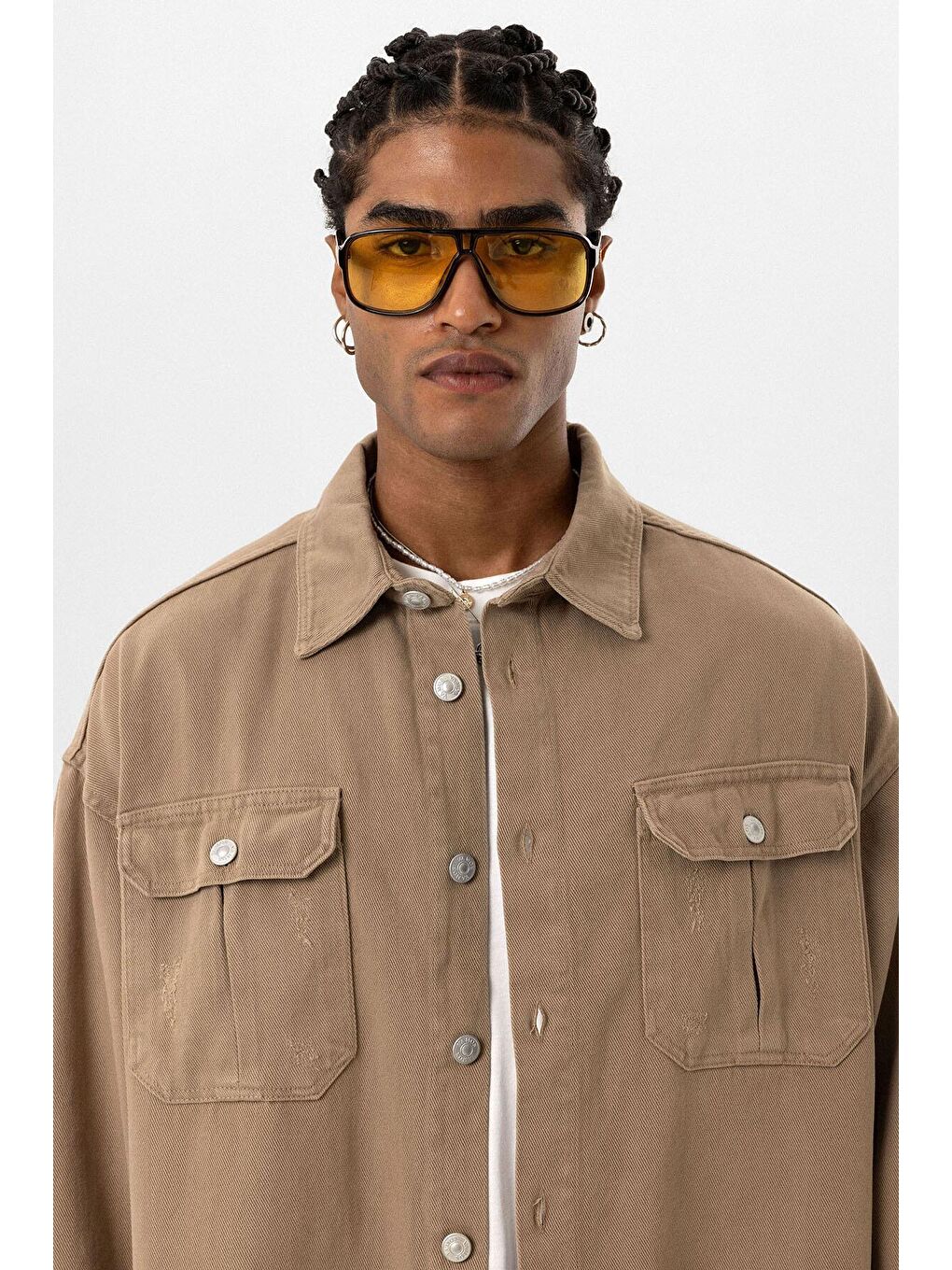 Bej Çift Cep Ve Yırtık Detaylı Oversıze Denım Ceket Vizon-7