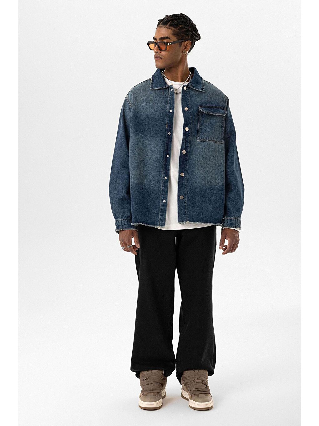 Basıc Oversıze Tek Cep Detaylı Denım Ceket Koyu Mavi-1