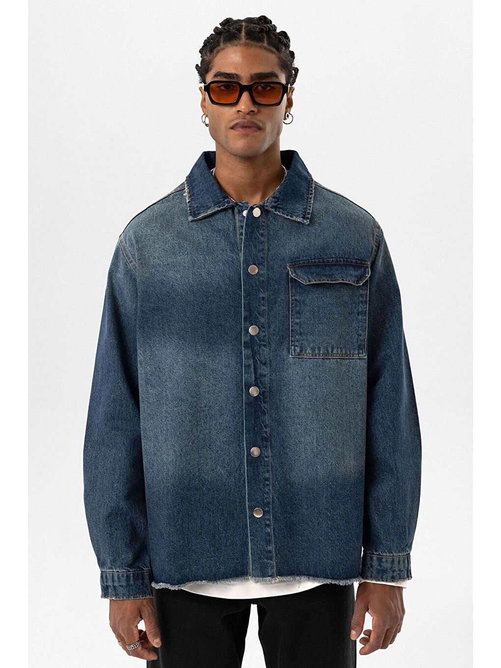 Basıc Oversıze Tek Cep Detaylı Denım Ceket Koyu Mavi-3