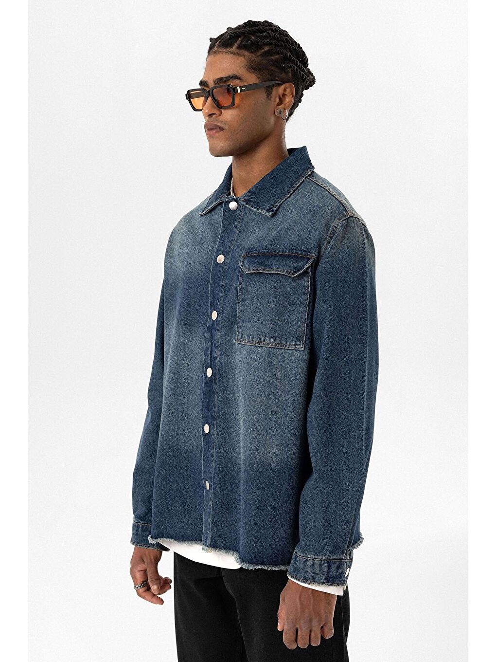 Basıc Oversıze Tek Cep Detaylı Denım Ceket Koyu Mavi-4