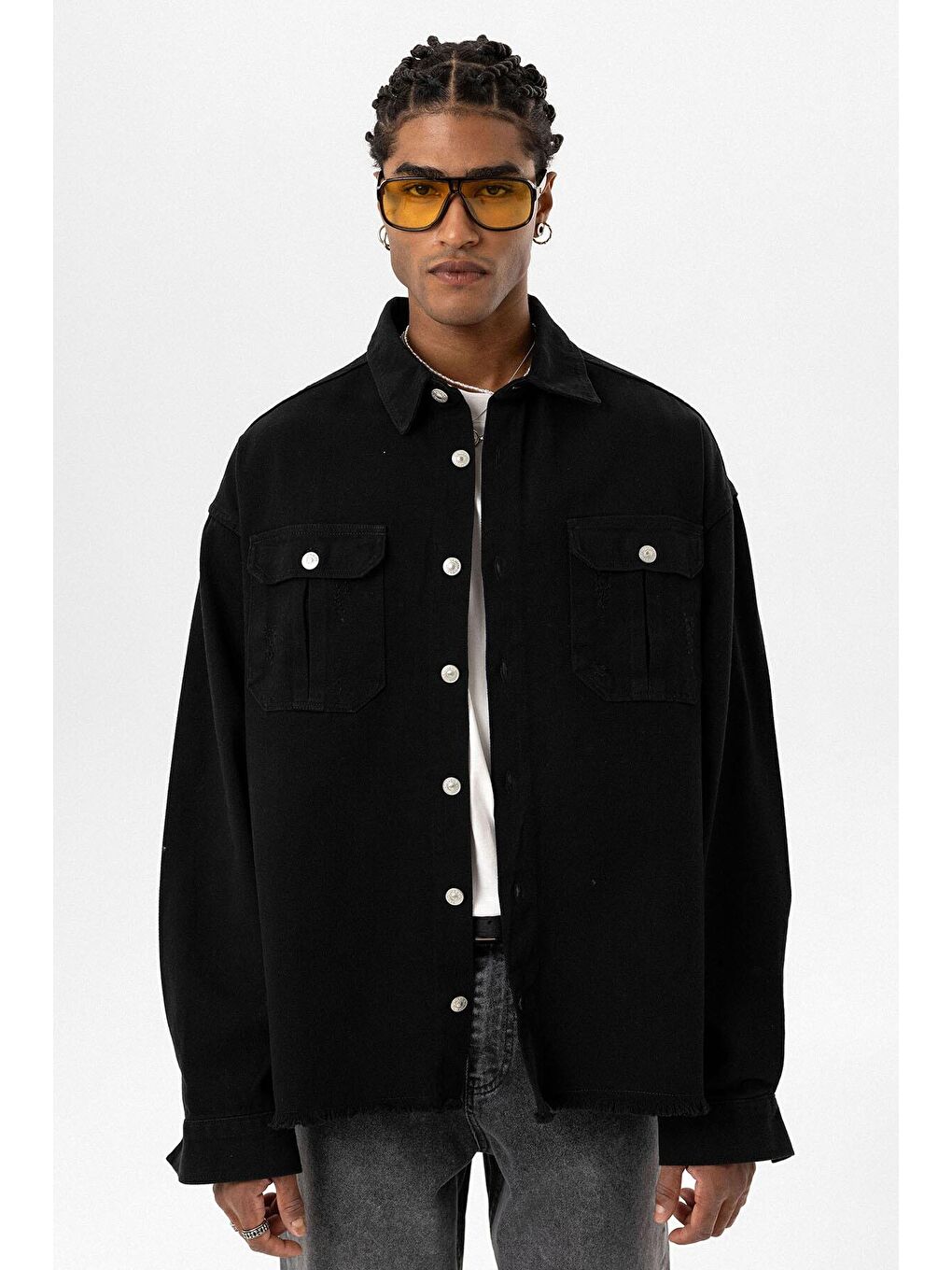 Çift Cep Ve Yırtık Detaylı Oversıze Denım Ceket Siyah-7