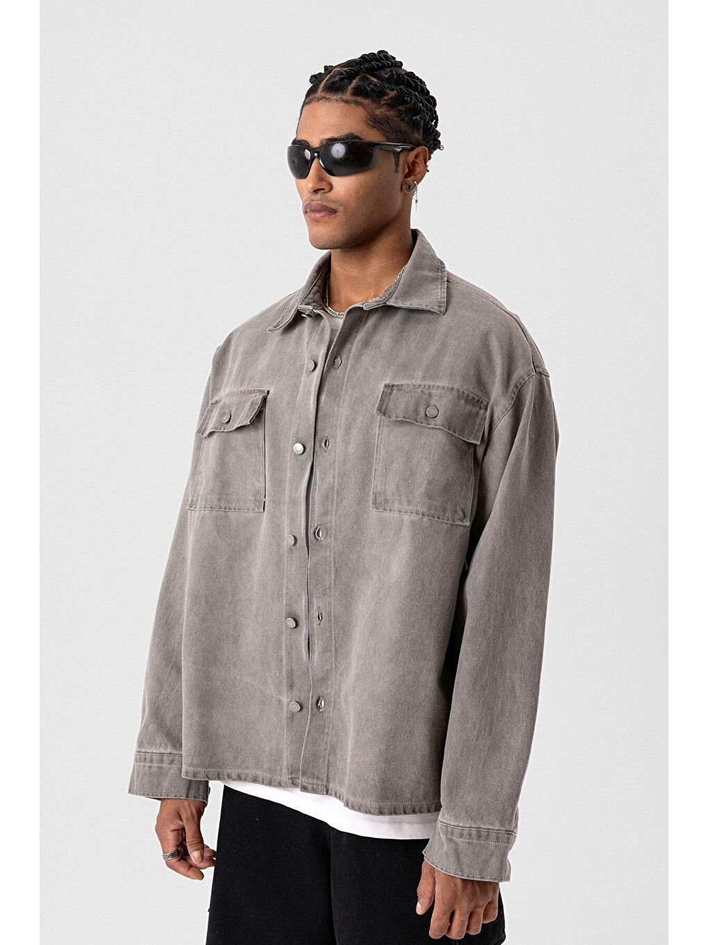 Bej Cep Detaylı Oversıze Denım Ceket Vizon-3