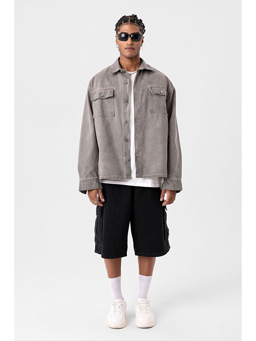 Bej Cep Detaylı Oversıze Denım Ceket Vizon-5