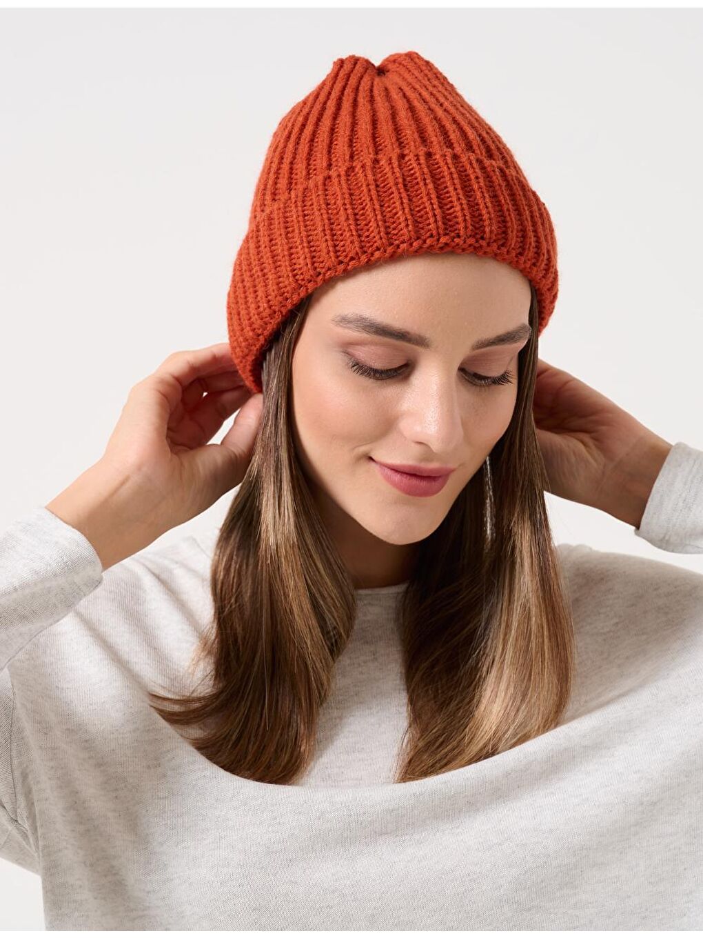 Kahverengi Kızıl Kiremit Basic Kışlık Katlamalı Triko Bere