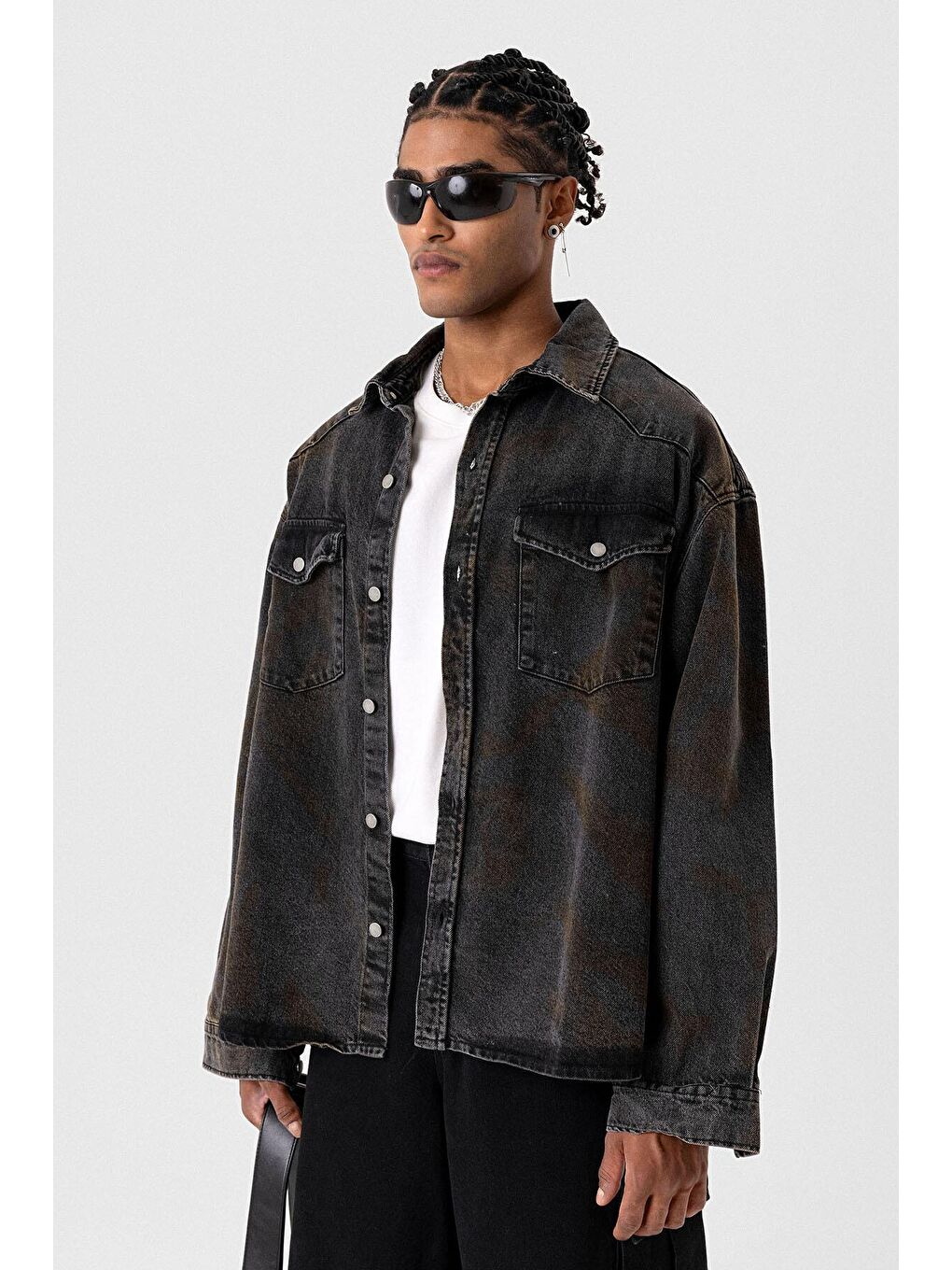 Yıkamalı Oversıze Denım Ceket Siyah-3
