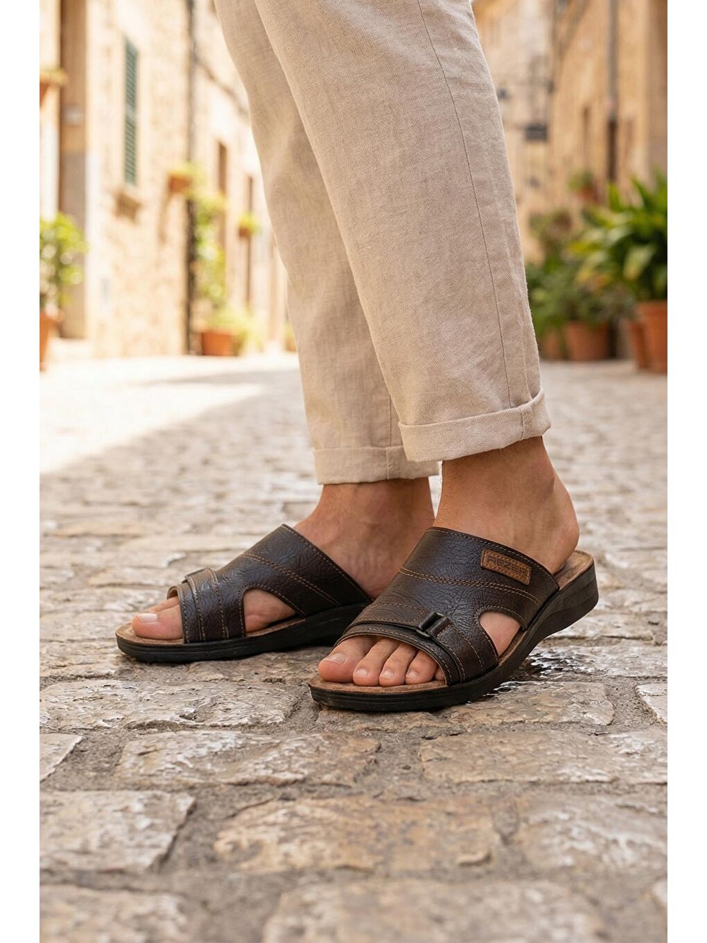 Kahverengi Erkek Yazlık PU Taban Suni Deri Koleksiyon Rahat Taban Günlük Terlik