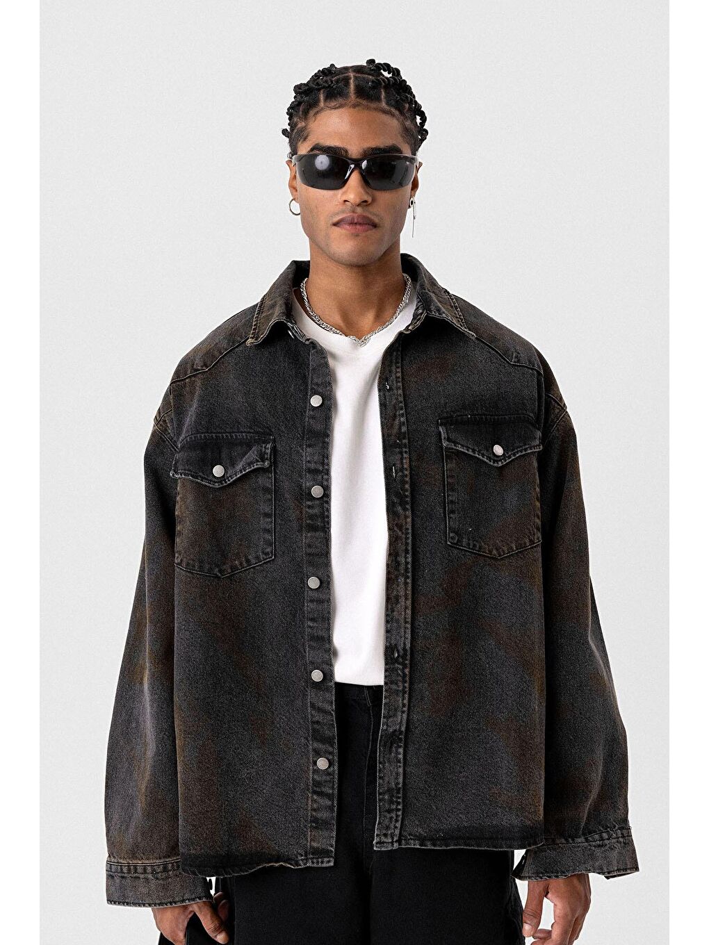 Yıkamalı Oversıze Denım Ceket Siyah-7