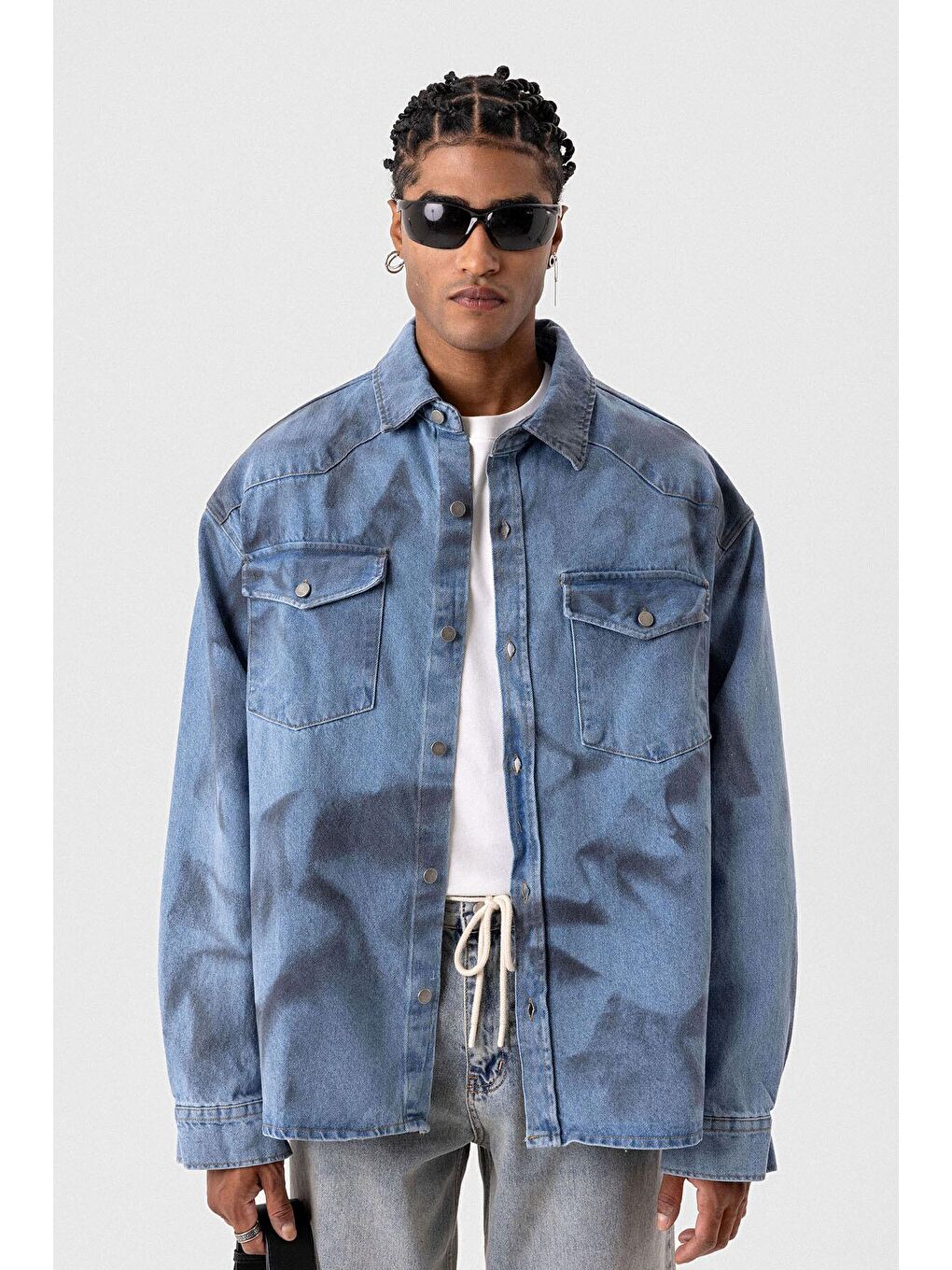 Yıkamalı Oversıze Denım Ceket Açık Mavi-7