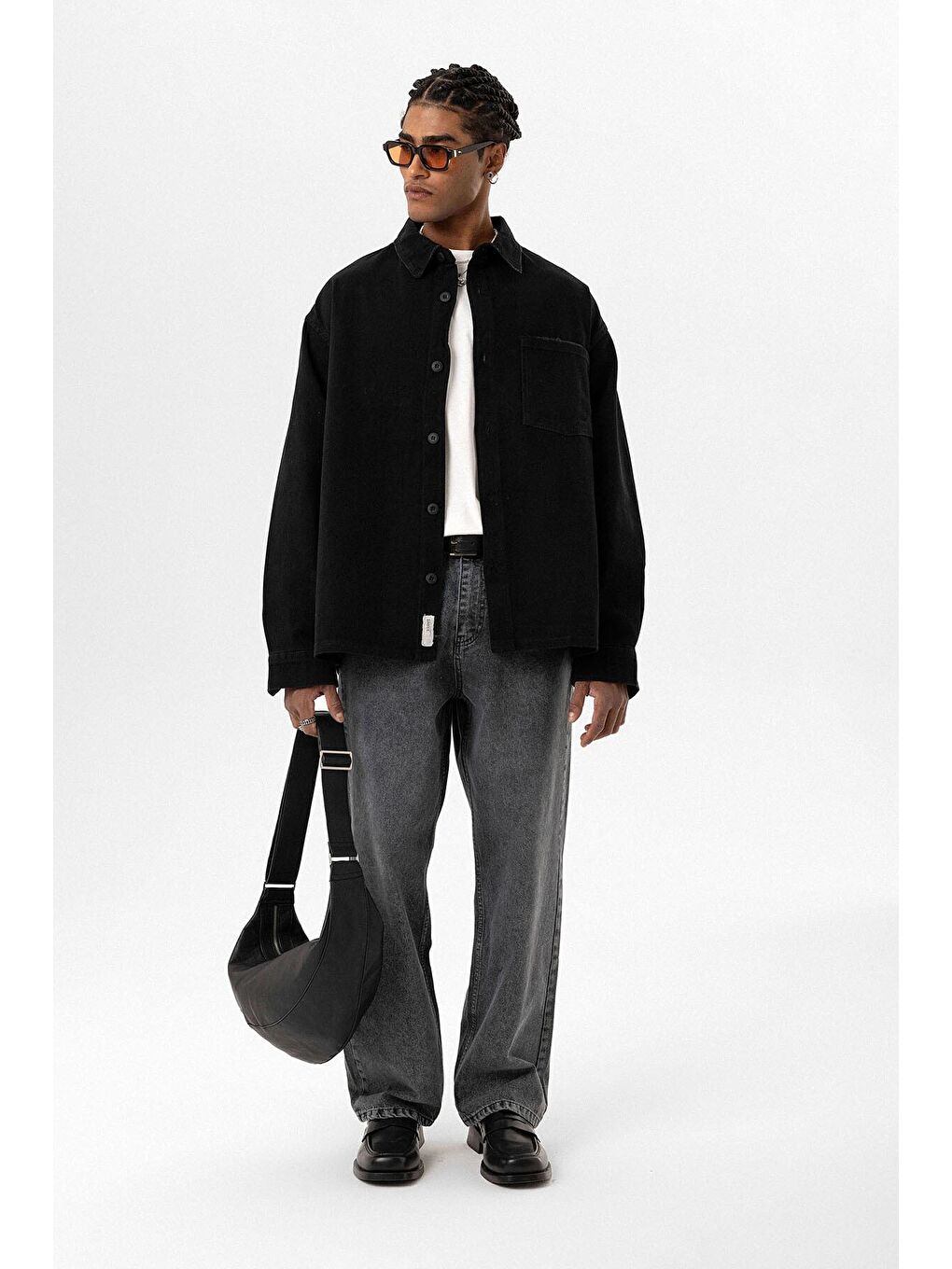Tek Cepli Etiket Detaylı Oversıze Denım Ceket Siyah