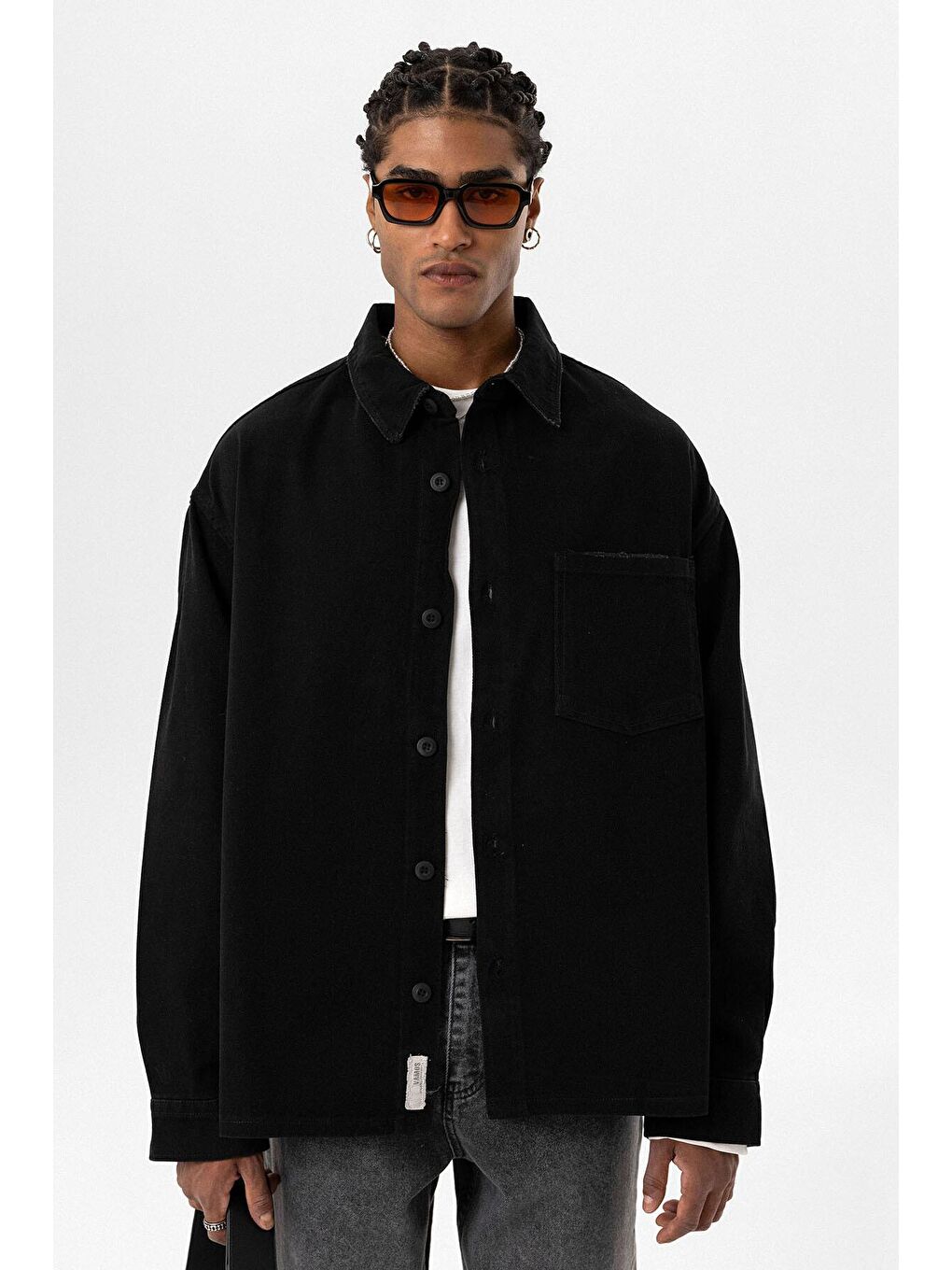 Tek Cepli Etiket Detaylı Oversıze Denım Ceket Siyah-2