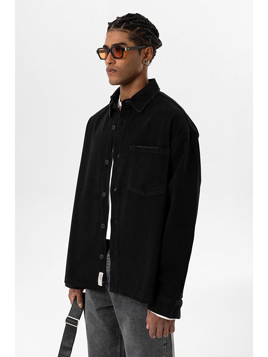 Tek Cepli Etiket Detaylı Oversıze Denım Ceket Siyah-3