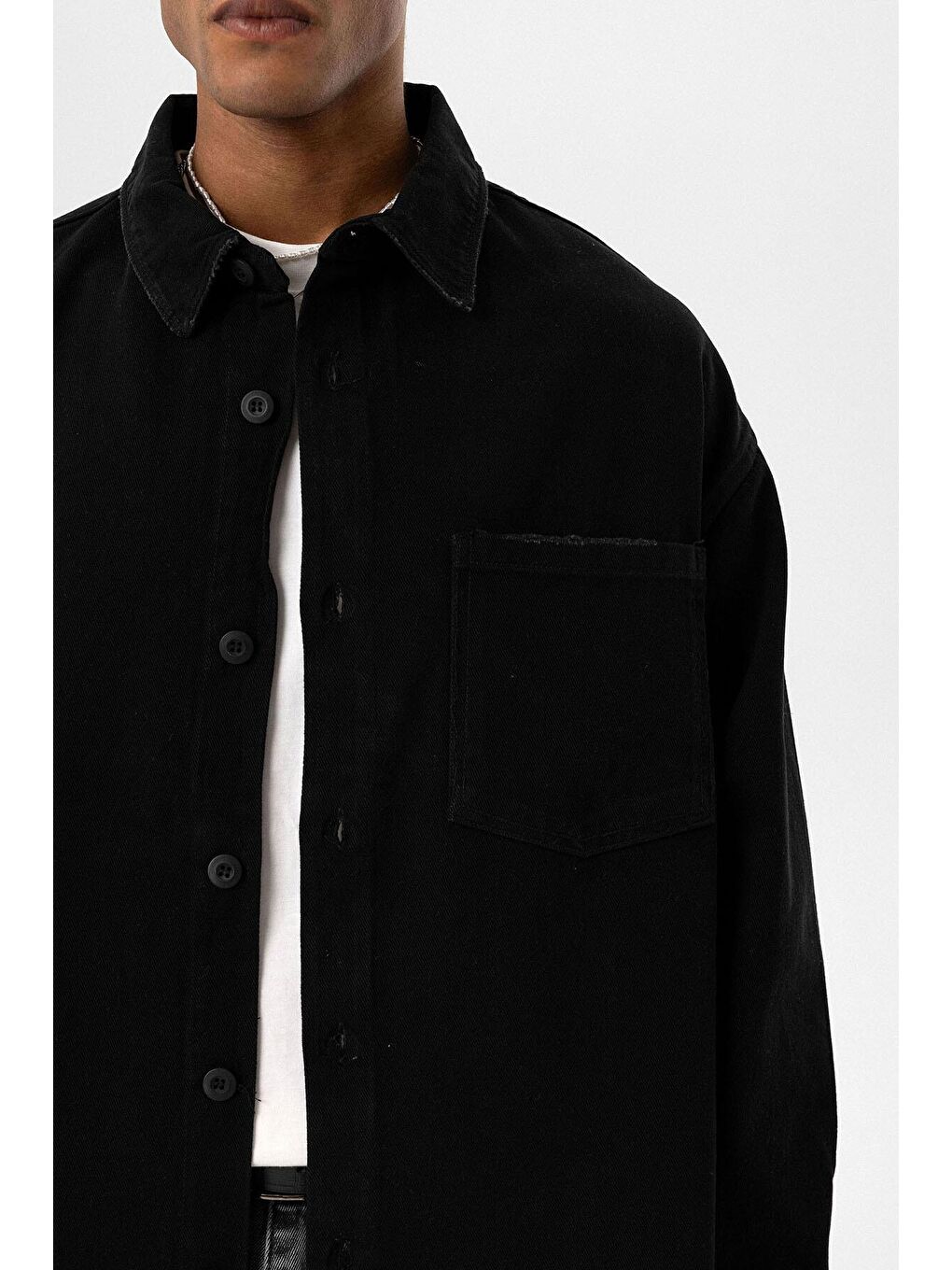 Tek Cepli Etiket Detaylı Oversıze Denım Ceket Siyah-4