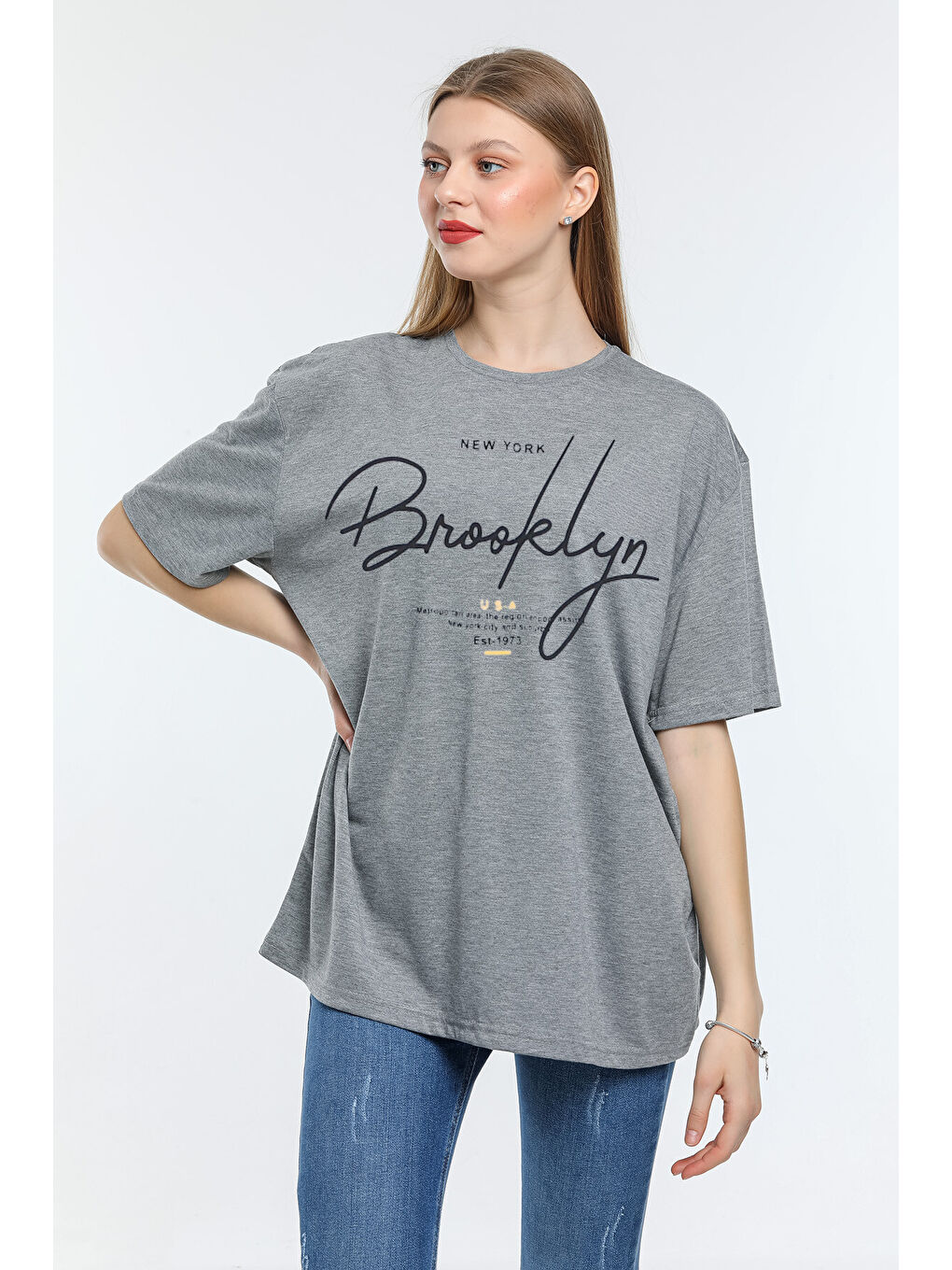 Gri Kadın Bisiklet Yaka Oversize Fit Tişort SPR24TSk110-1