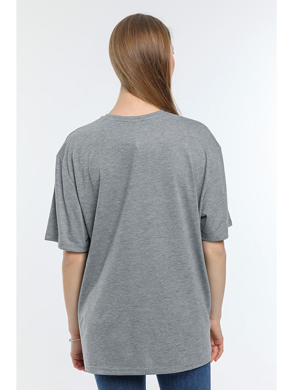 Gri Kadın Bisiklet Yaka Oversize Fit Tişort SPR24TSk110-2