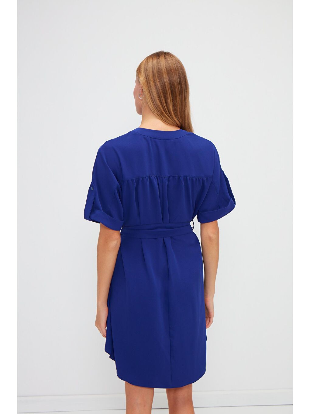 Lacivert Düz Yaka Detaylı Kuşaklı Elbise-2