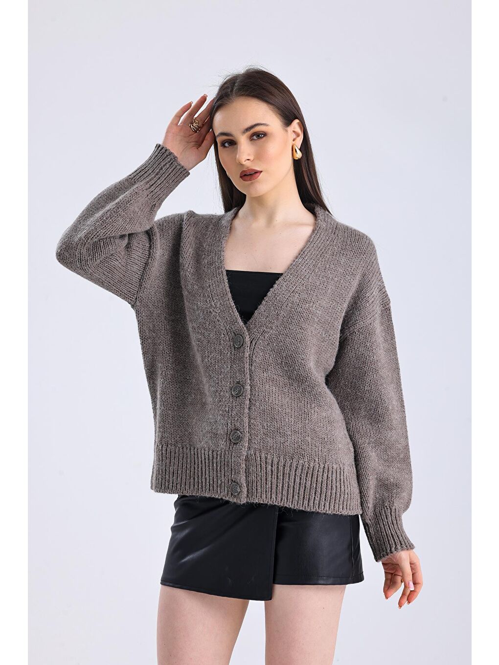 Stk3 - Düz Regular Fit Klasik Düğmeli Triko Hırka - Bej Renk