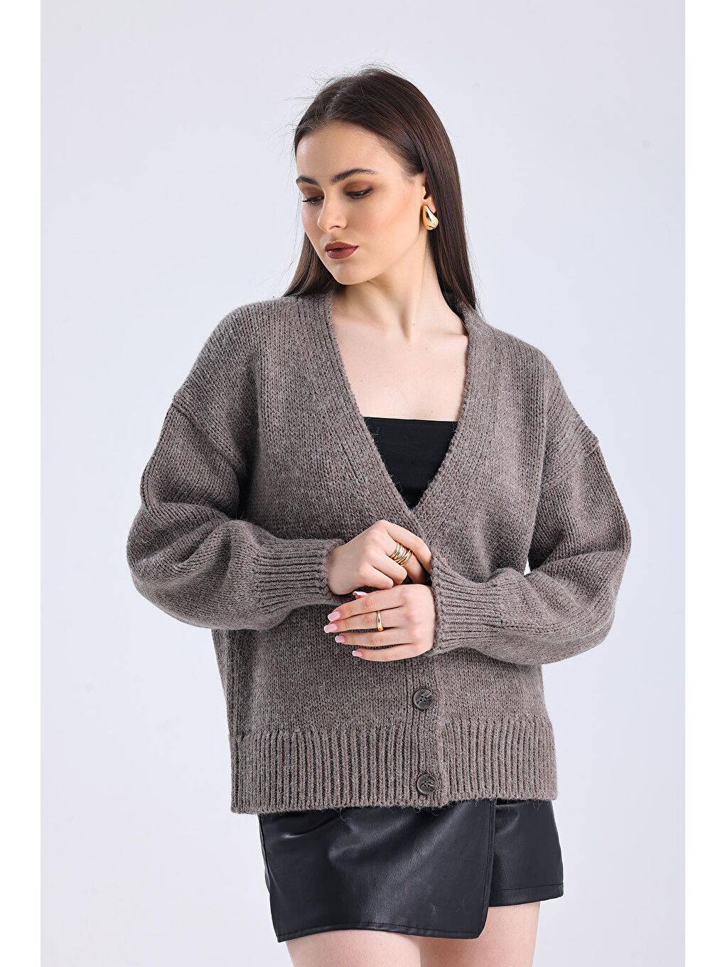 Stk3 - Düz Regular Fit Klasik Düğmeli Triko Hırka - Bej Renk-1