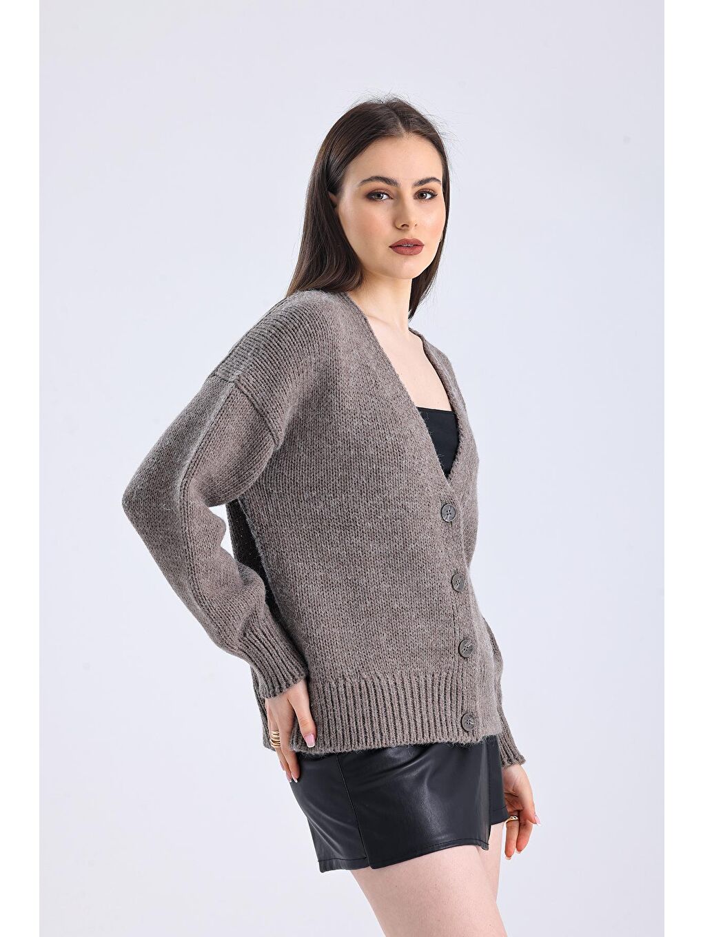 Stk3 - Düz Regular Fit Klasik Düğmeli Triko Hırka - Bej Renk-2